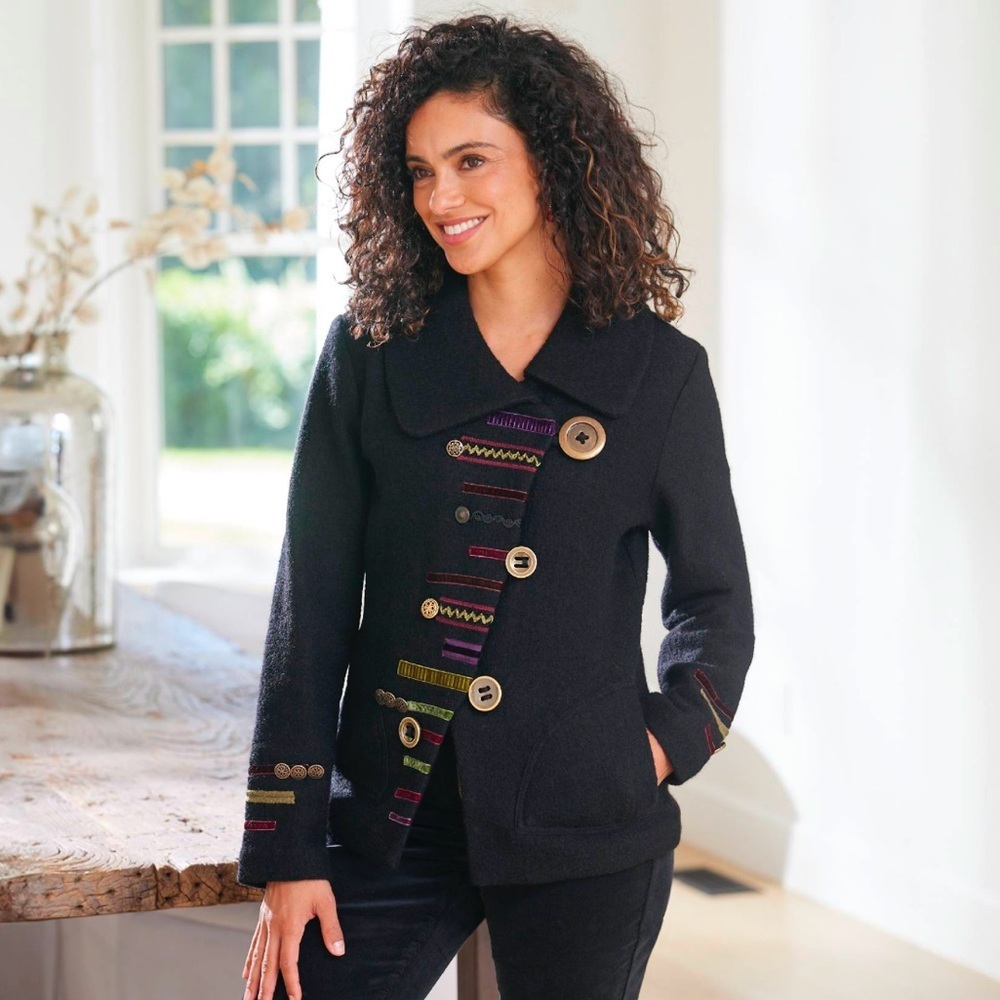 Carson Black Wool Swing Jacket with Decorative Buttons Appliquéd Fabric - Size M